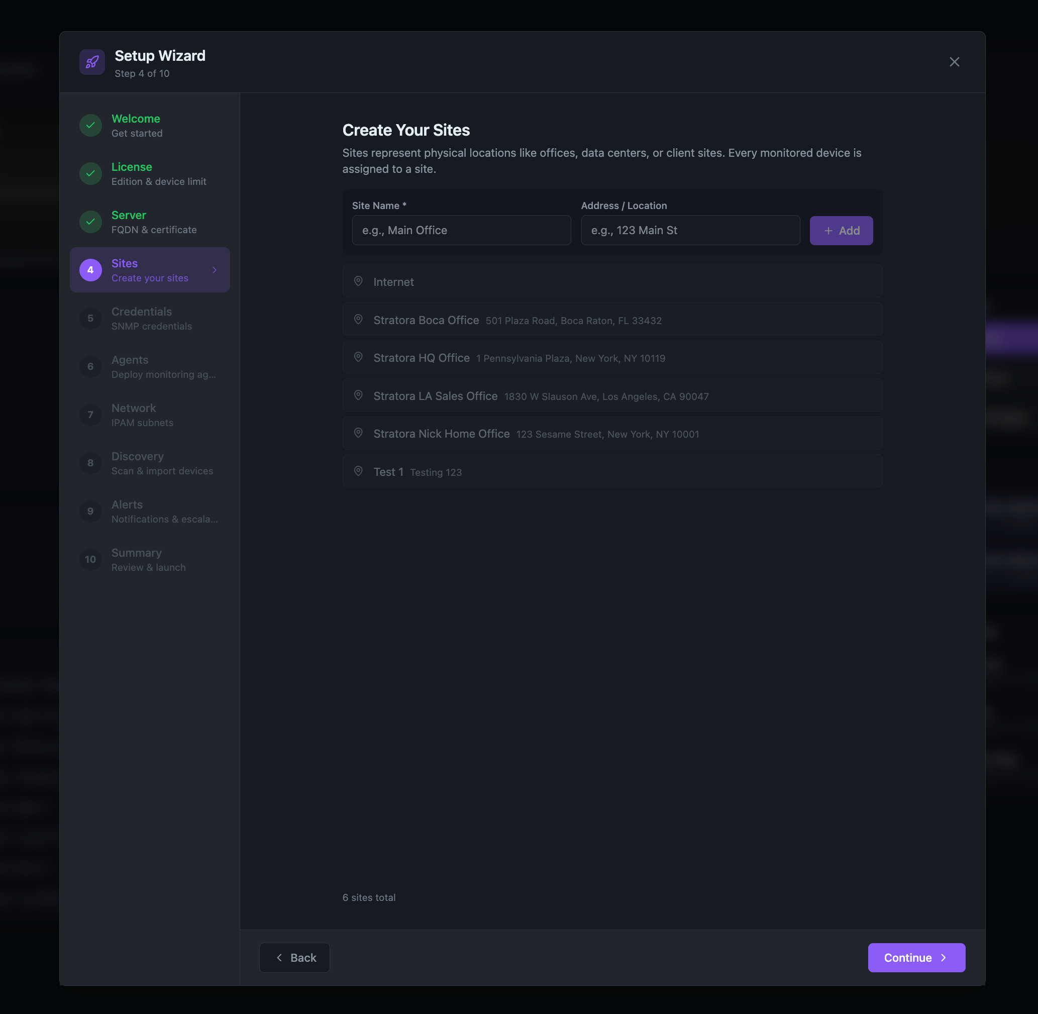 Setup Wizard — Step 4: Sites