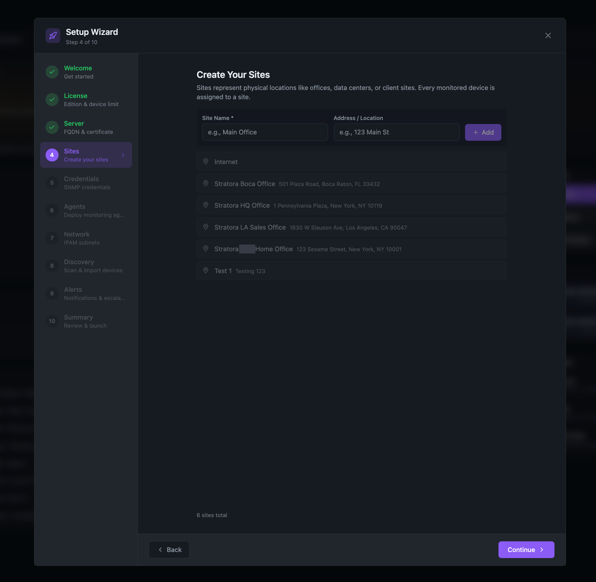 Setup Wizard — Step 4: Sites