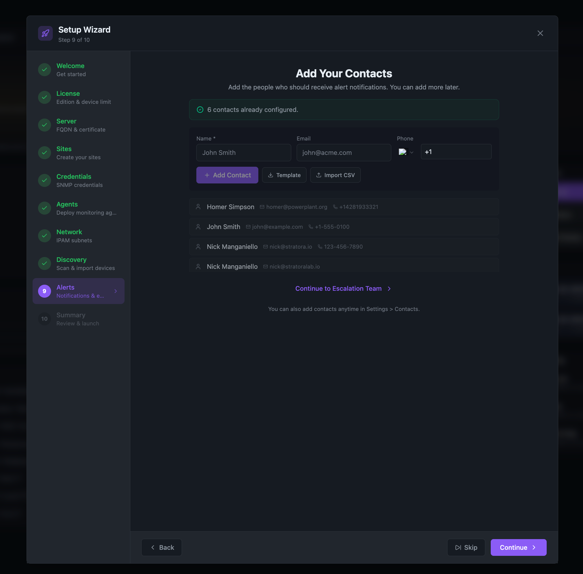 Setup Wizard — Step 9: Alerts &amp; Contacts