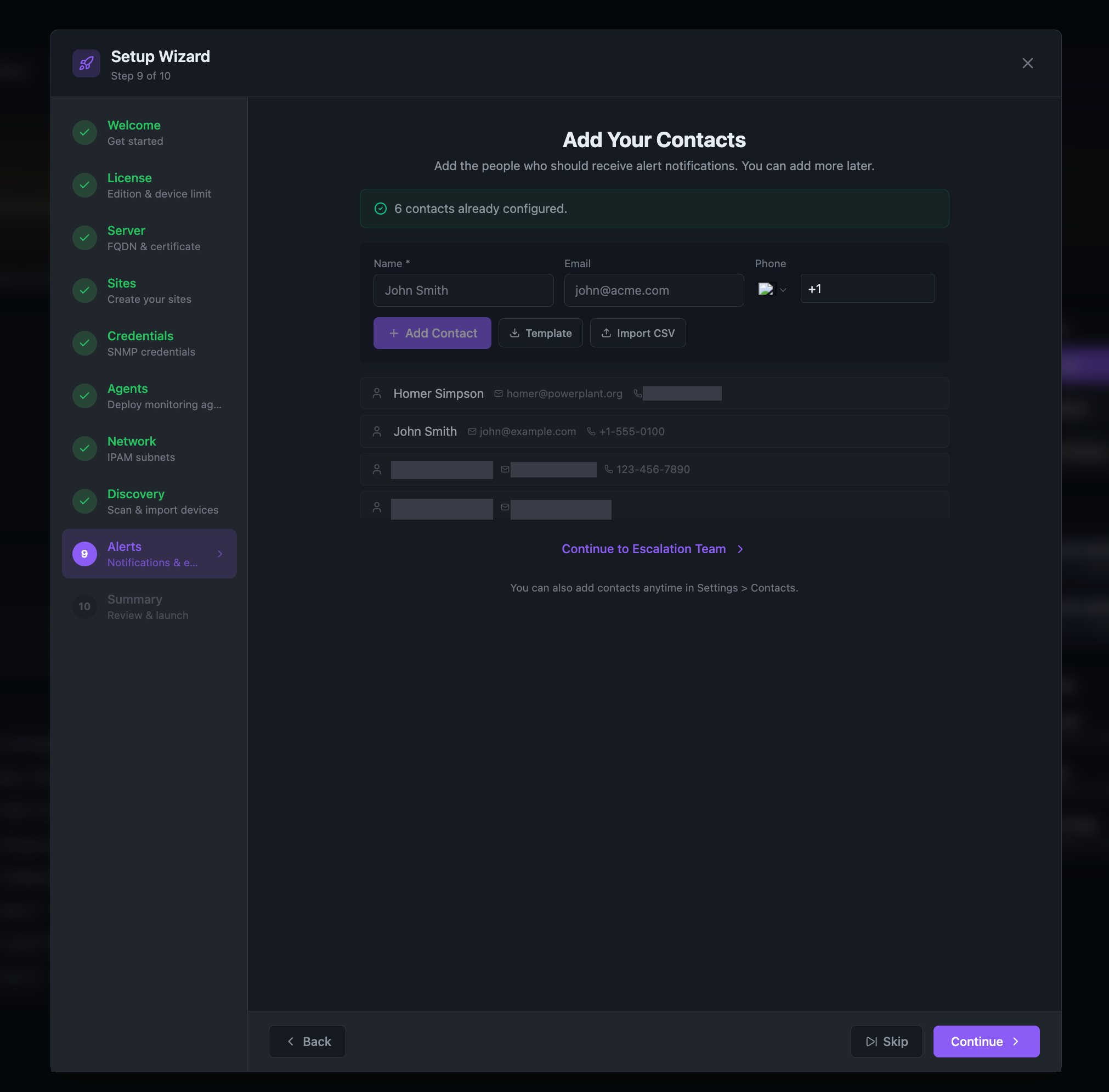 Setup Wizard — Step 9: Alerts &amp; Contacts
