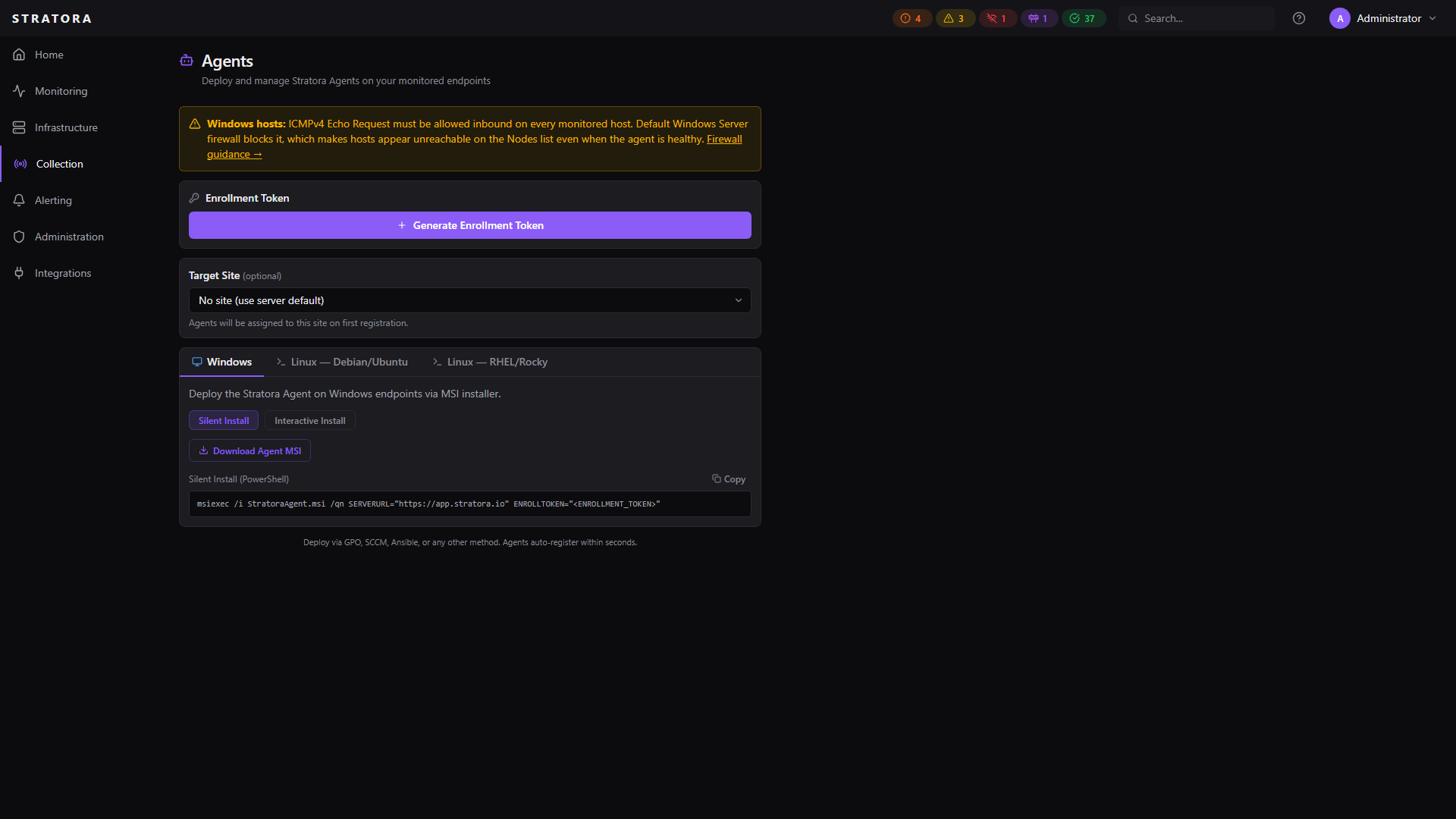 Agents list — deployed Linux and Windows agents with health, version, host, and last-checkin