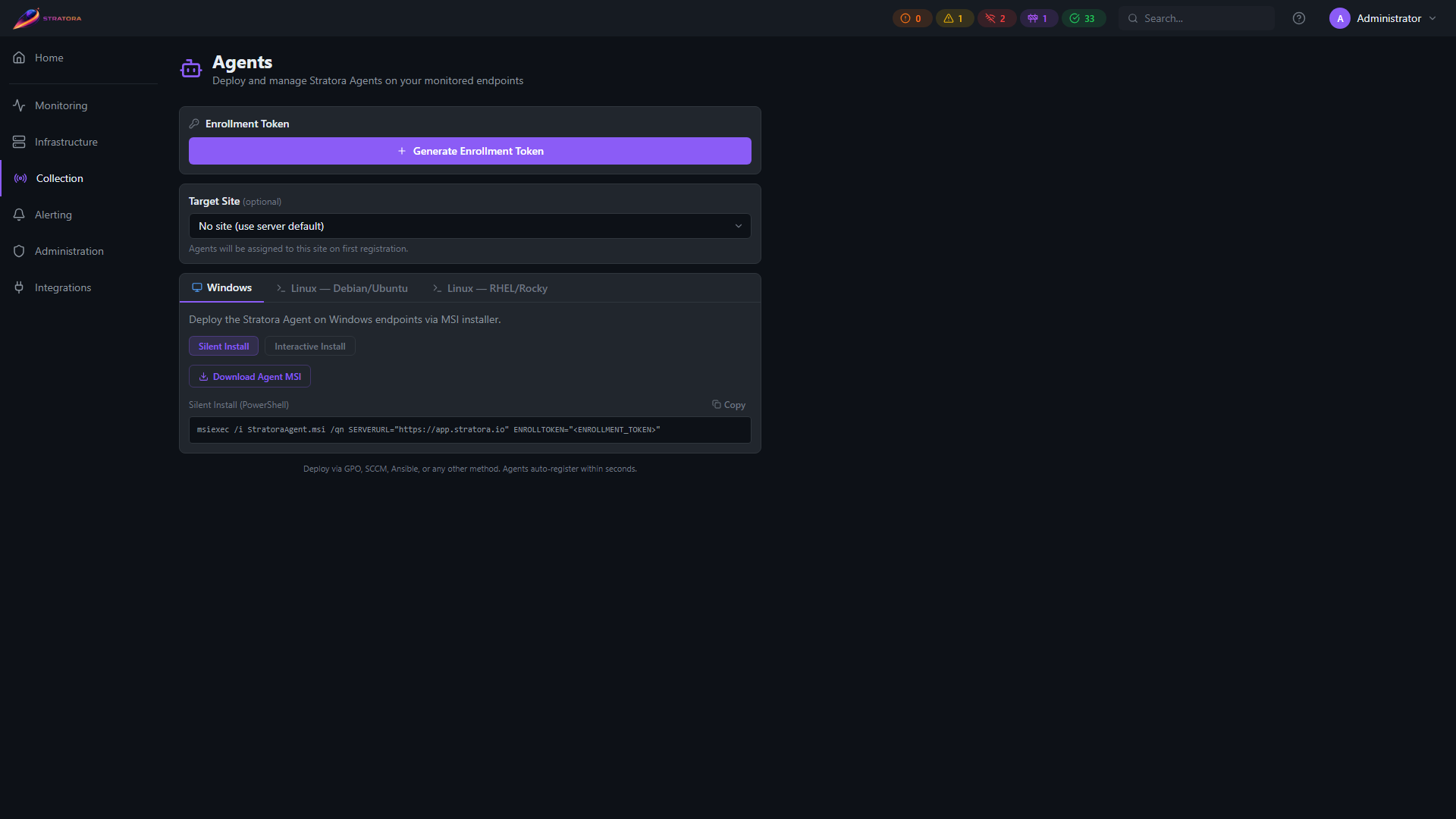 Agents list — deployed Linux and Windows agents with health, version, host, and last-checkin