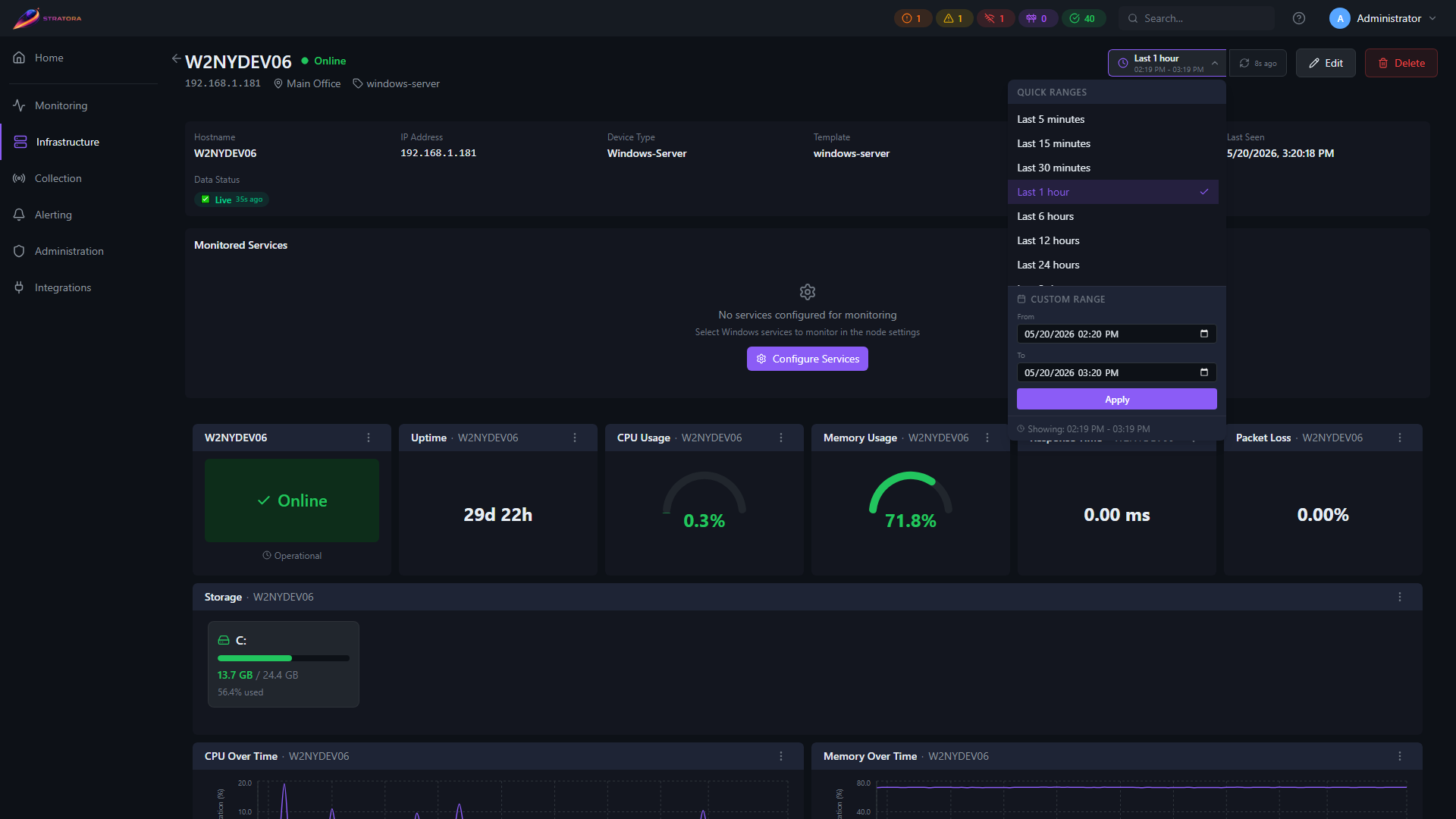 Time-range picker — dropdown open showing Last 5 minutes / 15 minutes / 1 hour / 6 hours / 24 hours / 7 days / 30 days presets