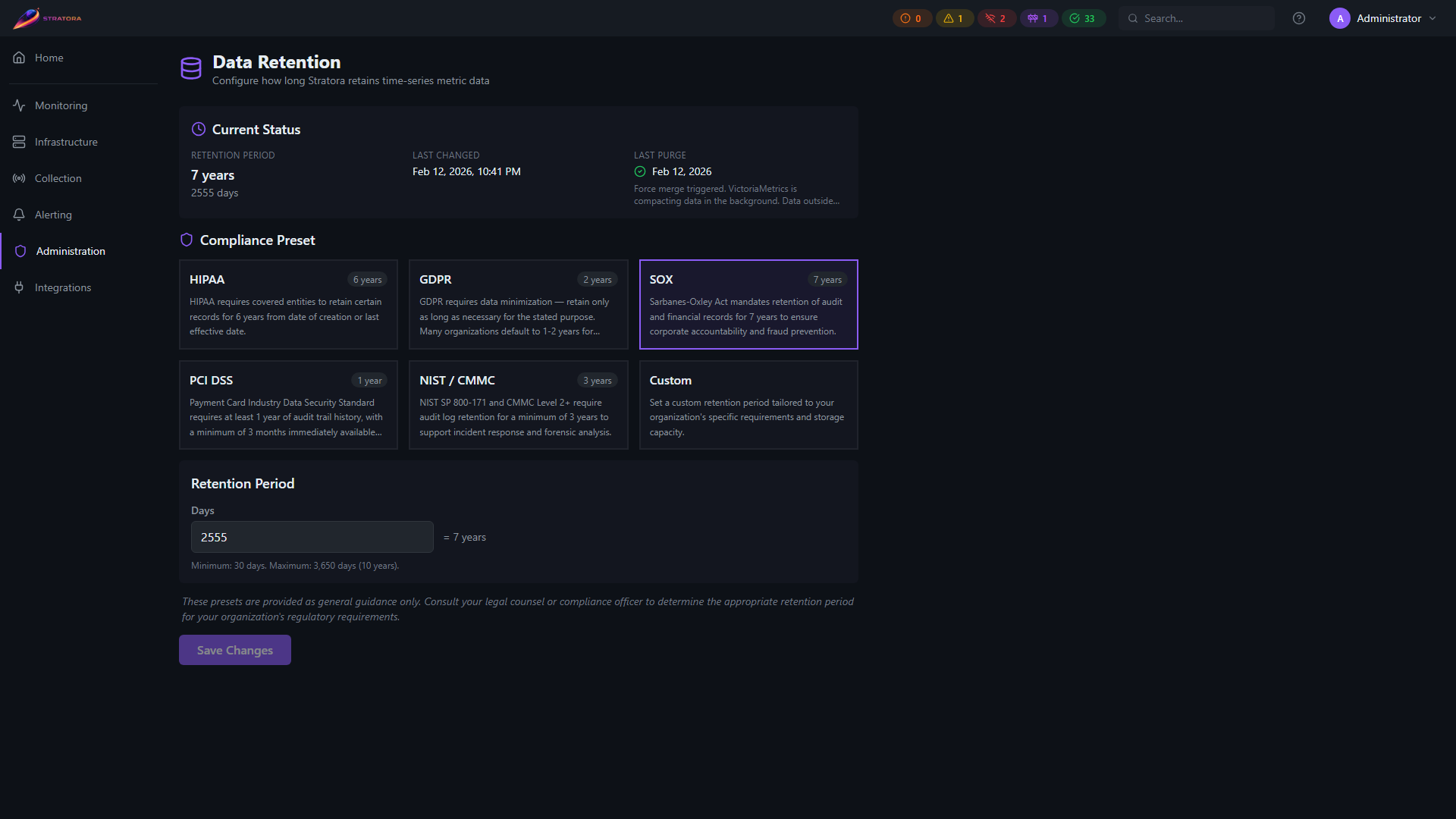 Data Retention settings — metric retention period, query inaccessibility, and forced-compaction controls
