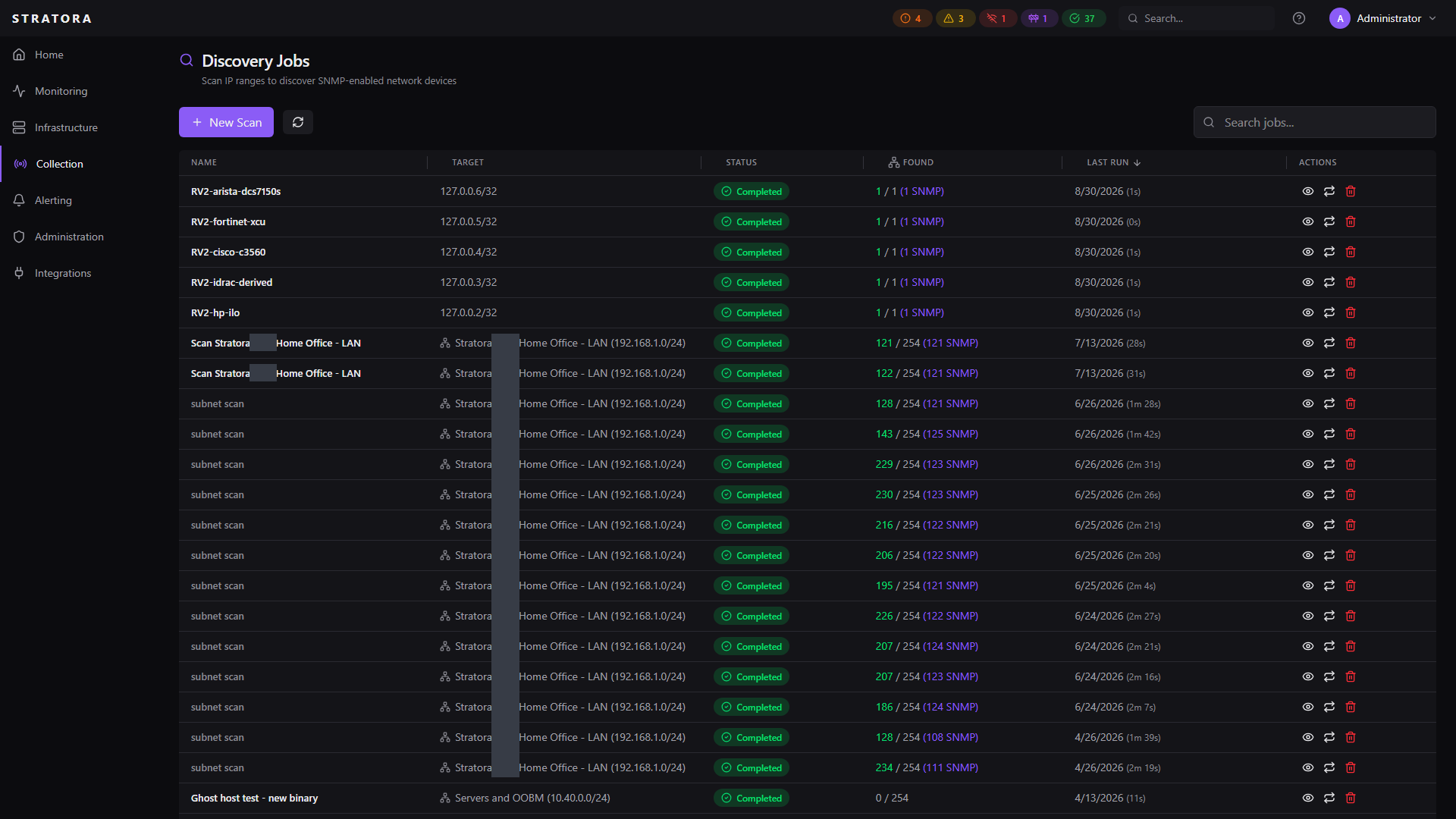 Discovery Jobs — list of past scans with target subnet, devices found / total, SNMP count, completion time, and status