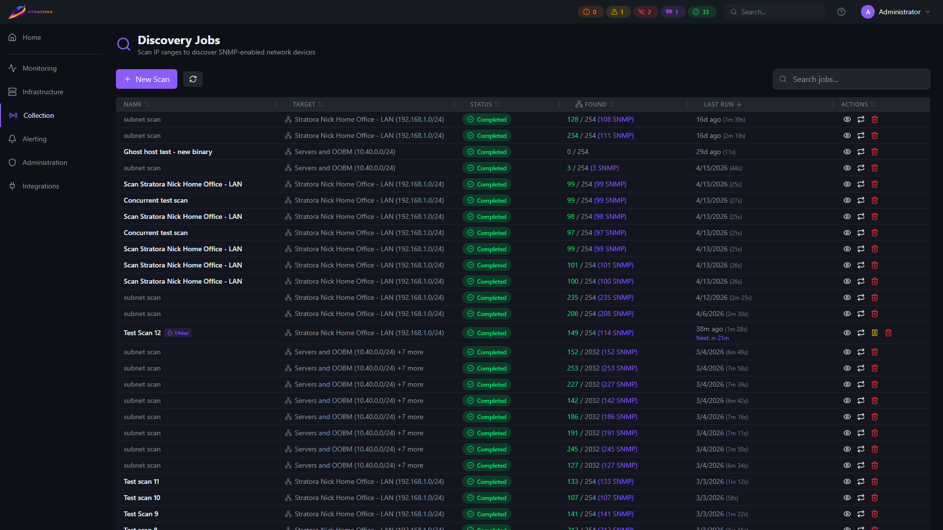 Discovery Jobs — list of past scans with target subnet, devices found / total, SNMP count, completion time, and status
