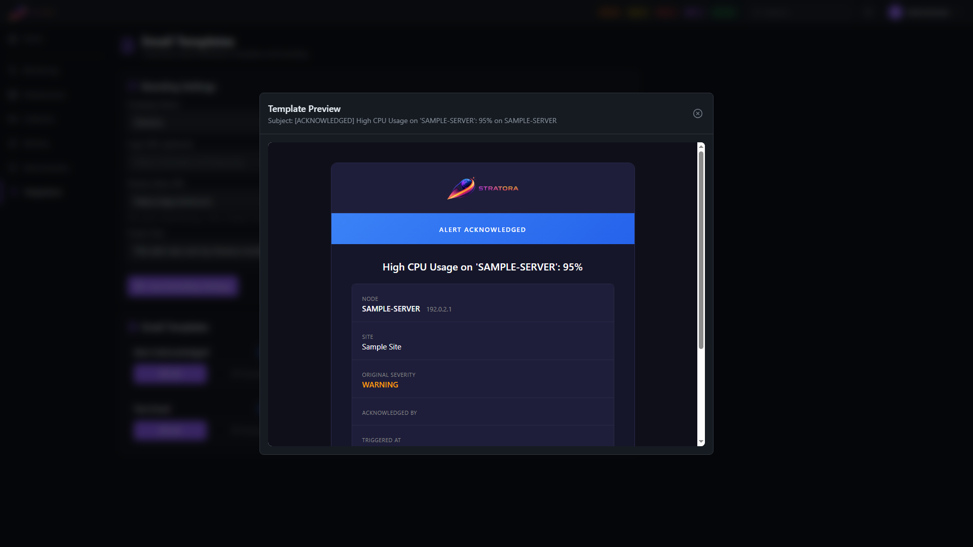 Email template preview modal — rendered HTML with sample variable substitution