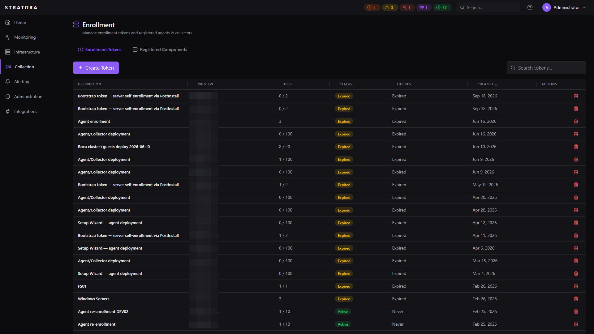 Enrollment tokens — list of active enrollment tokens with name, scope, expiry, and one-time-reveal status