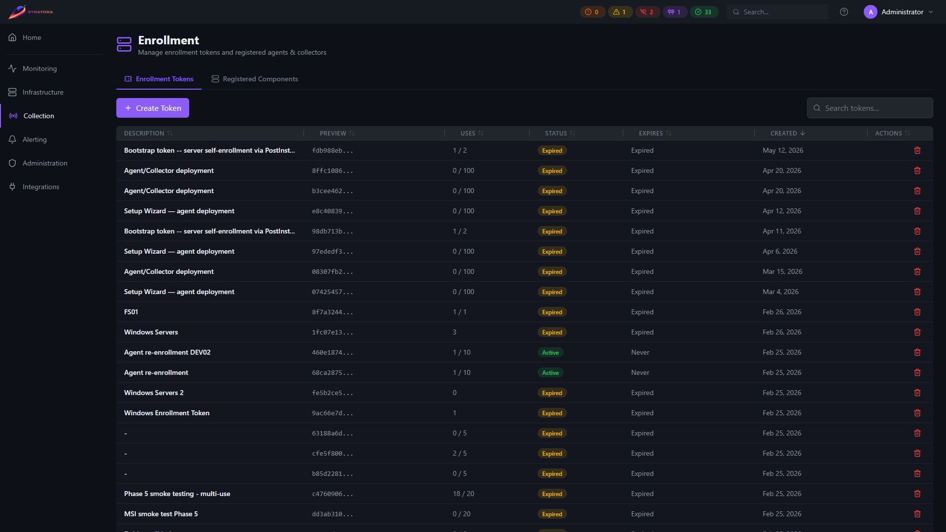 Enrollment tokens — list of active enrollment tokens with name, scope, expiry, and one-time-reveal status