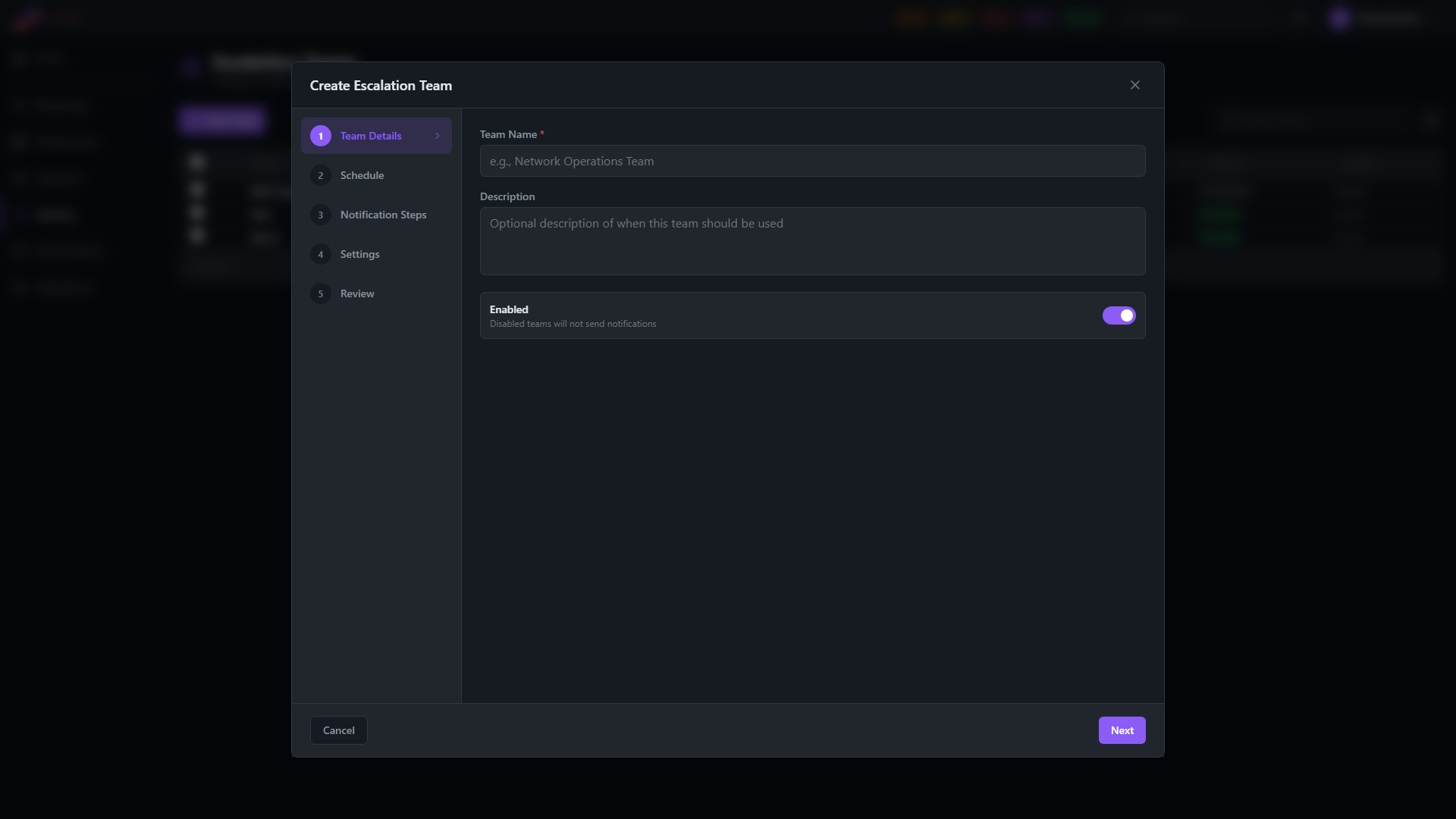 Escalation Team Wizard, Step 1 — Team Details with Name, Description, and Enabled toggle