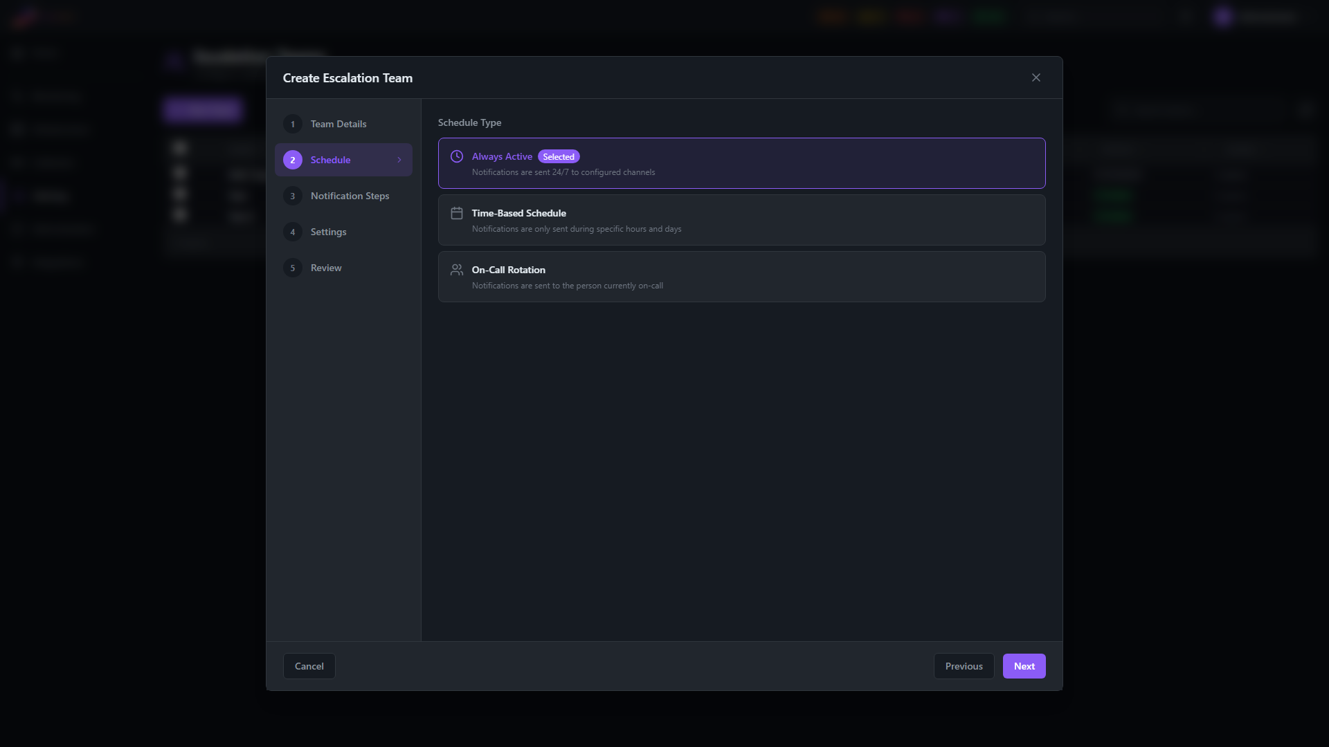 Escalation Team Wizard, Step 2 — Schedule type selection (Always Active / Time-Based / On-Call Rotation)