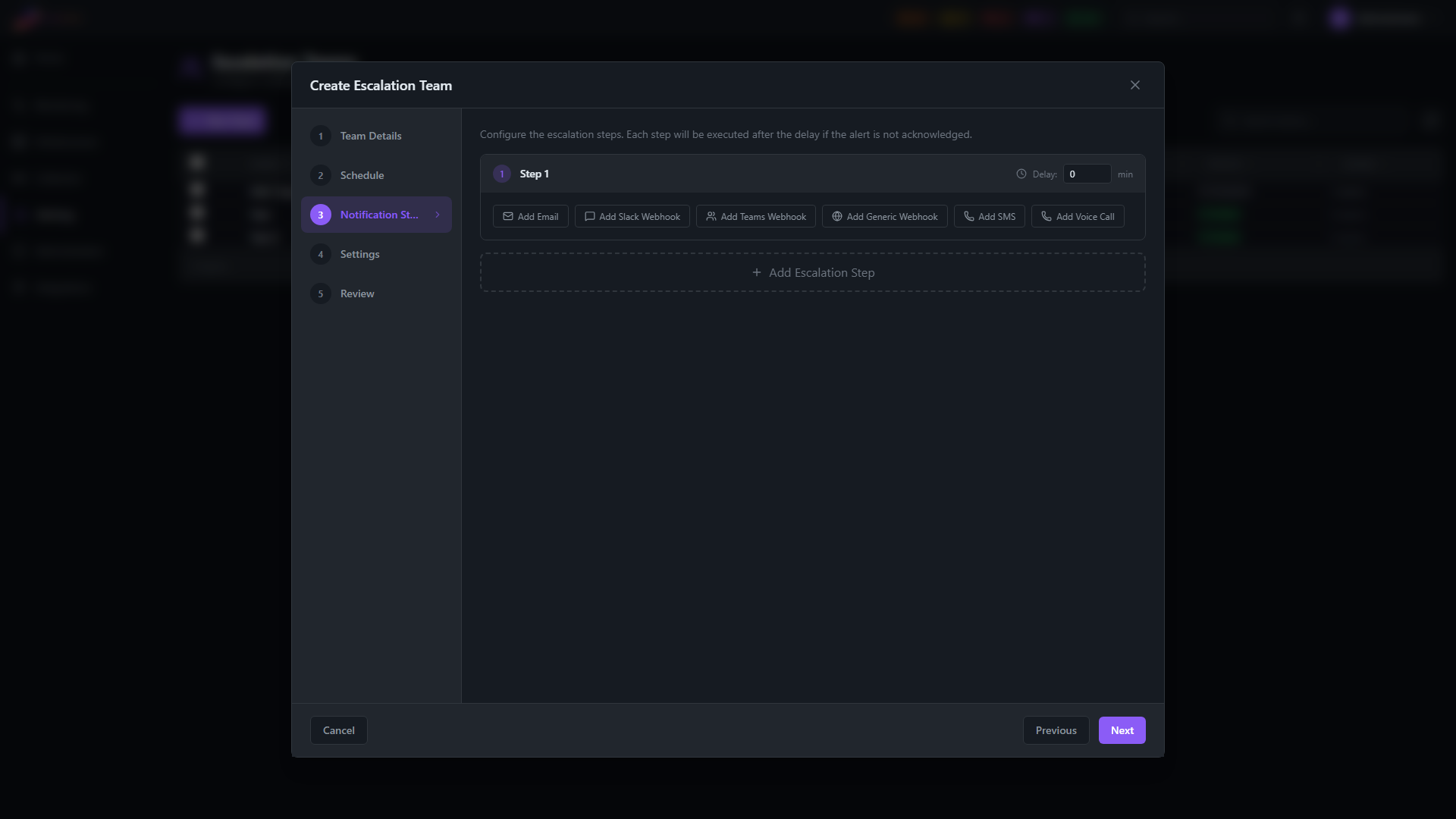 Escalation Team Wizard, Step 3 — Notification Steps with per-step channel selection (Email, Slack, Teams, Webhook, SMS, Voice)