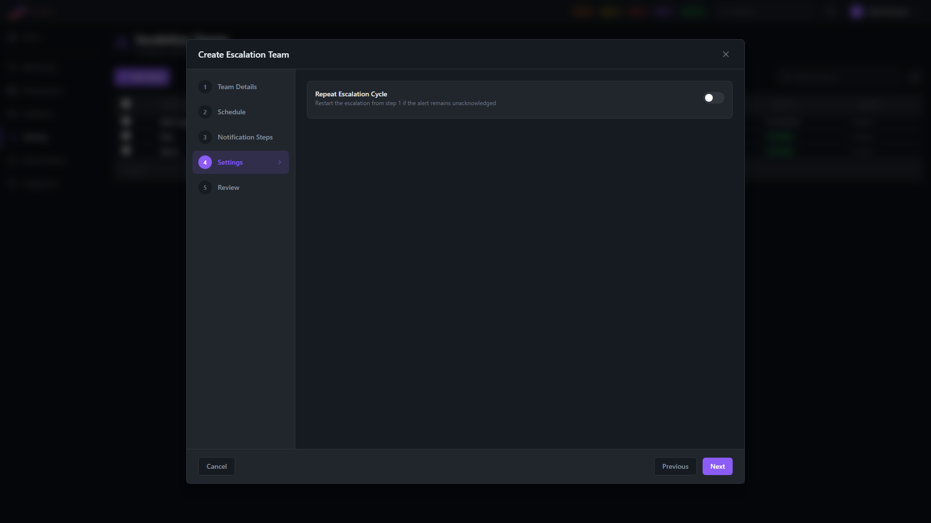 Escalation Team Wizard, Step 4 — Settings with repeat-escalation-cycle toggle