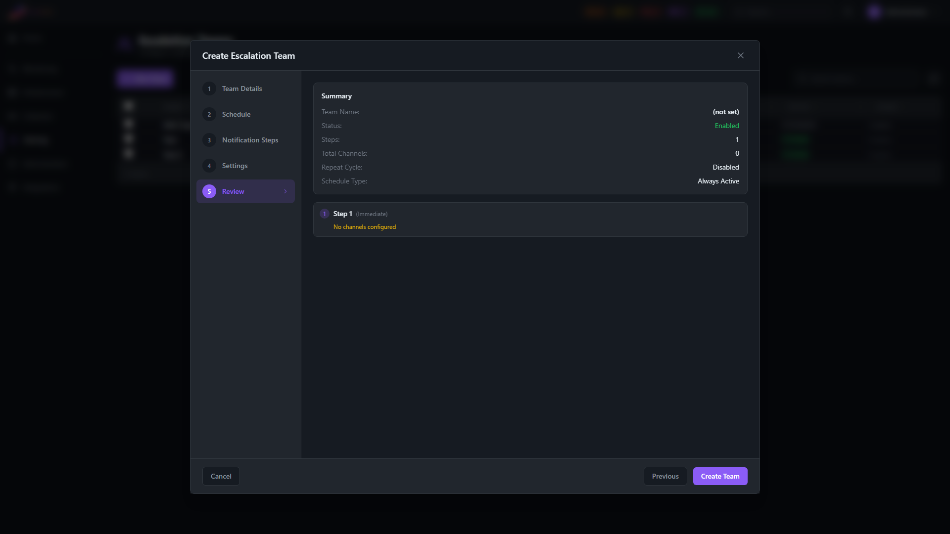 Escalation Team Wizard, Step 5 — Review with summary of all configured steps before creation