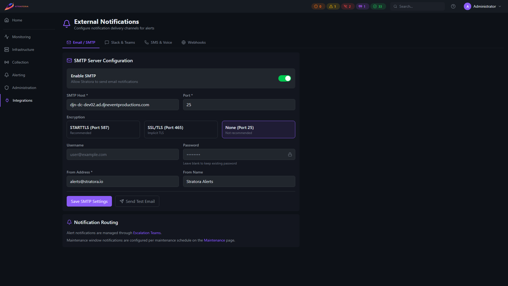 External Notifications — Email / SMTP tab with host, port, encryption, credentials, and From address
