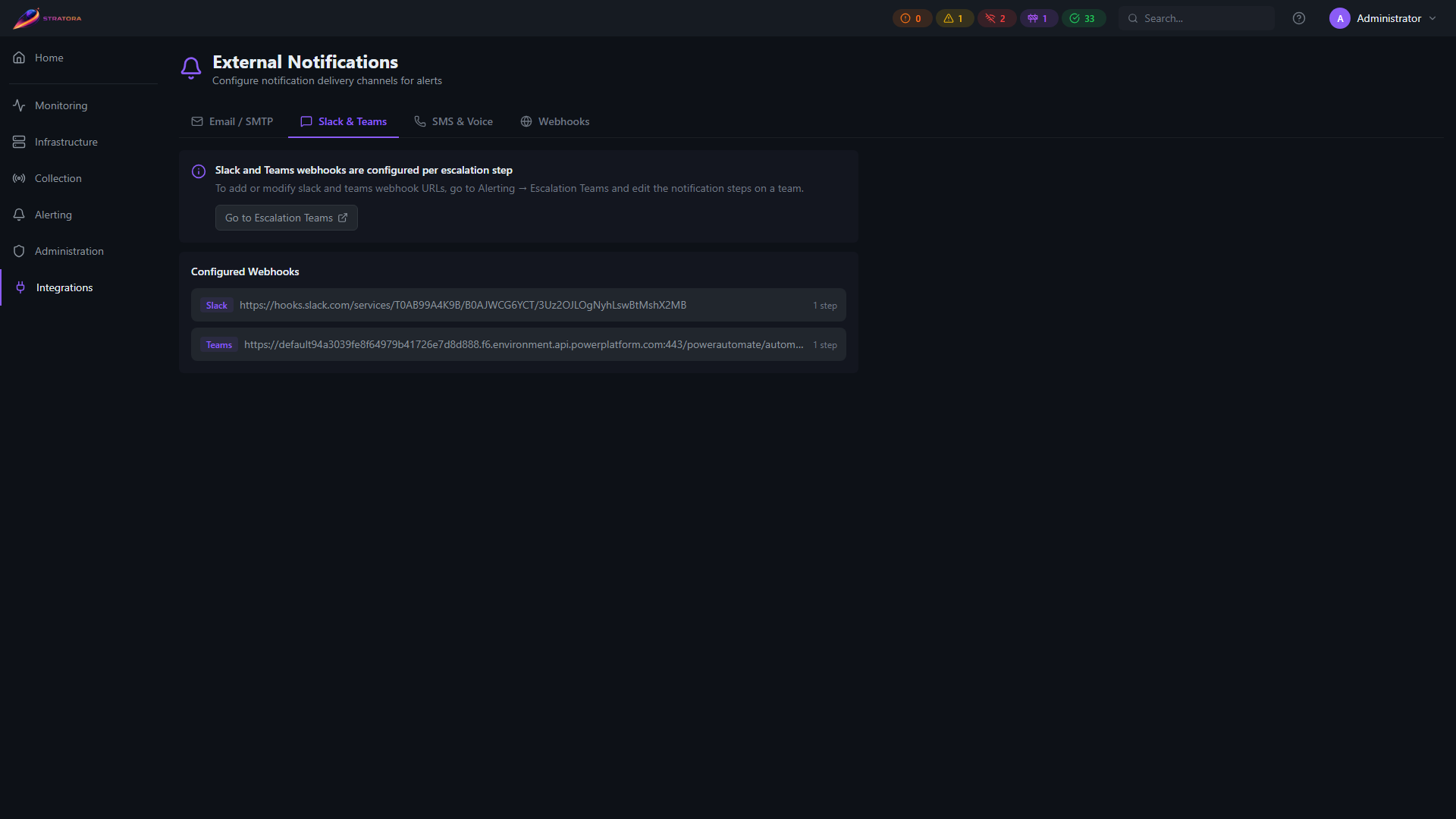 External Notifications — Slack &amp; Teams tab with per-channel webhook URLs and test buttons