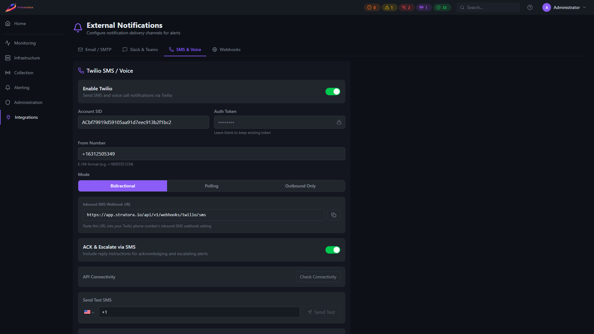 External Notifications — SMS &amp; Voice tab with Twilio configuration (Account SID, Auth Token, From number, mode selection)