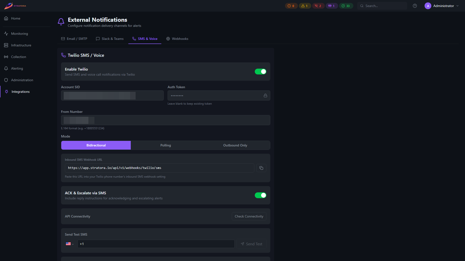 External Notifications — SMS &amp; Voice tab with Twilio configuration (Account SID, Auth Token, From number, mode selection)