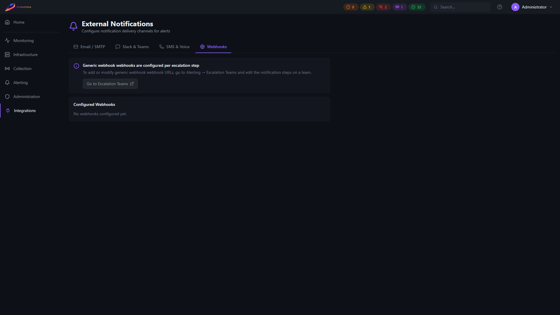 External Notifications — Webhooks tab with per-target URL configuration and test-payload action