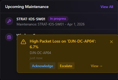 Upcoming Maintenance card — in-progress and scheduled maintenance windows