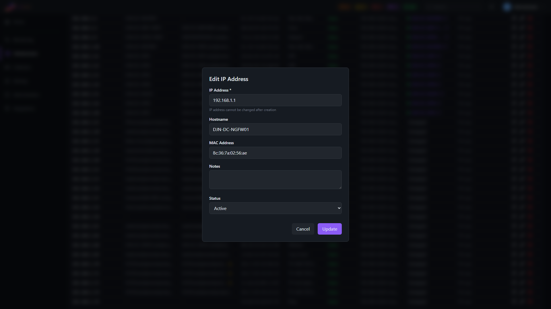 IPAM address detail — Edit IP Address modal showing hostname, MAC address, notes, and status (Active / Inactive / Reserved / Available) fields