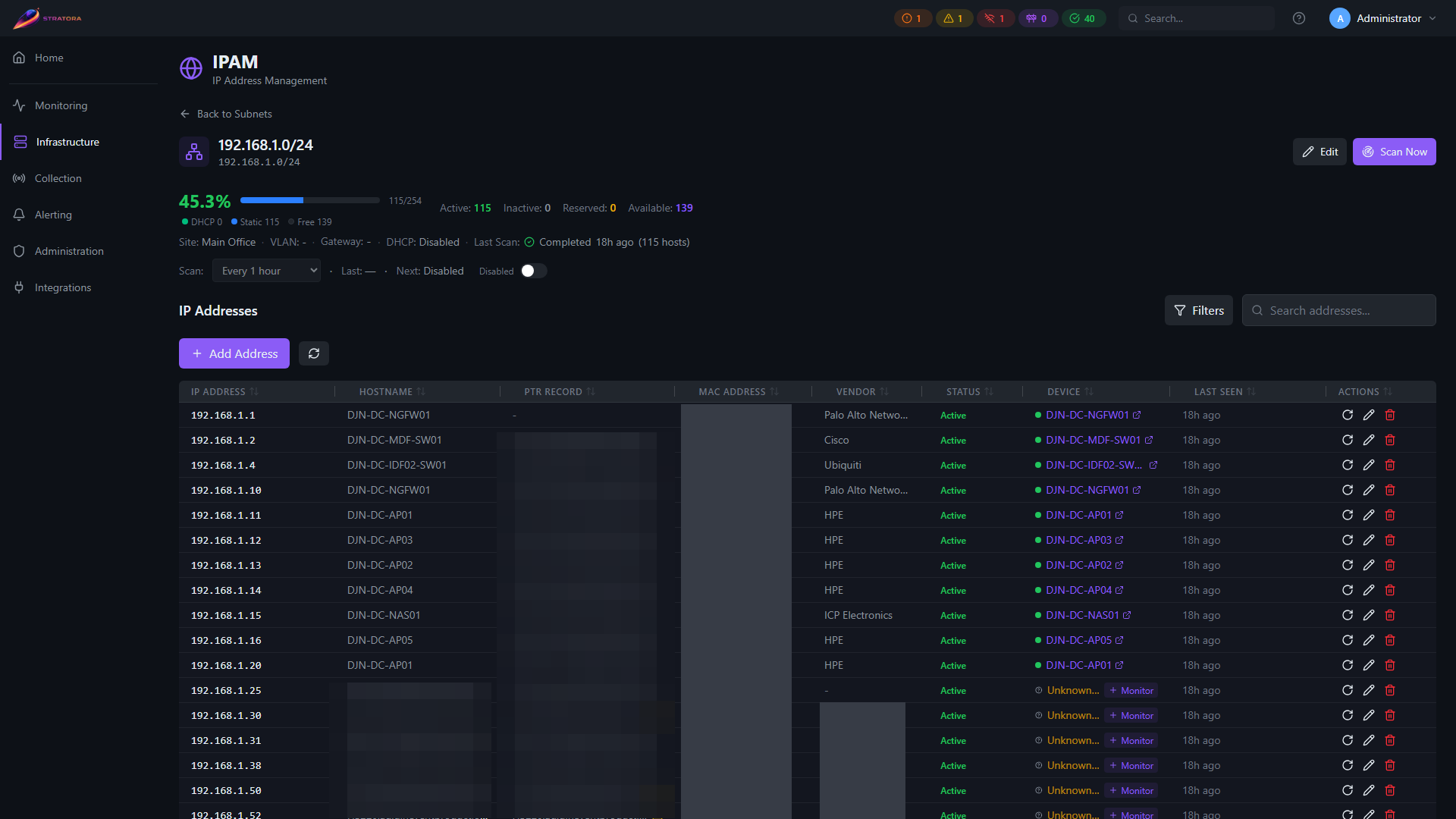 IPAM subnet detail — address list for the selected subnet with per-address status, hostname, MAC address, and last-seen timestamp