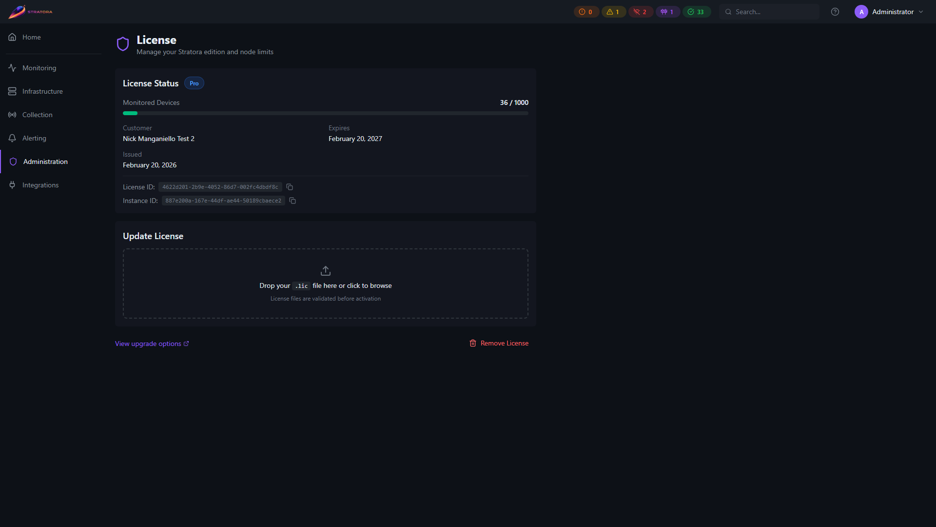 License page — current edition, monitored device count, customer name, expiration, license ID, instance ID, and admin Manage actions