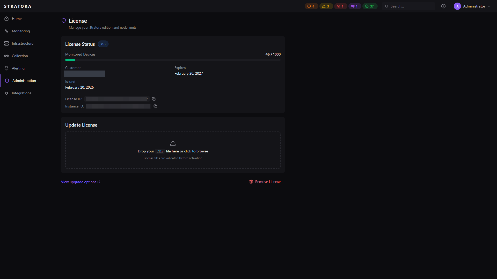 License page — current edition, monitored device count, customer name, expiration, license ID, instance ID, and admin Manage actions