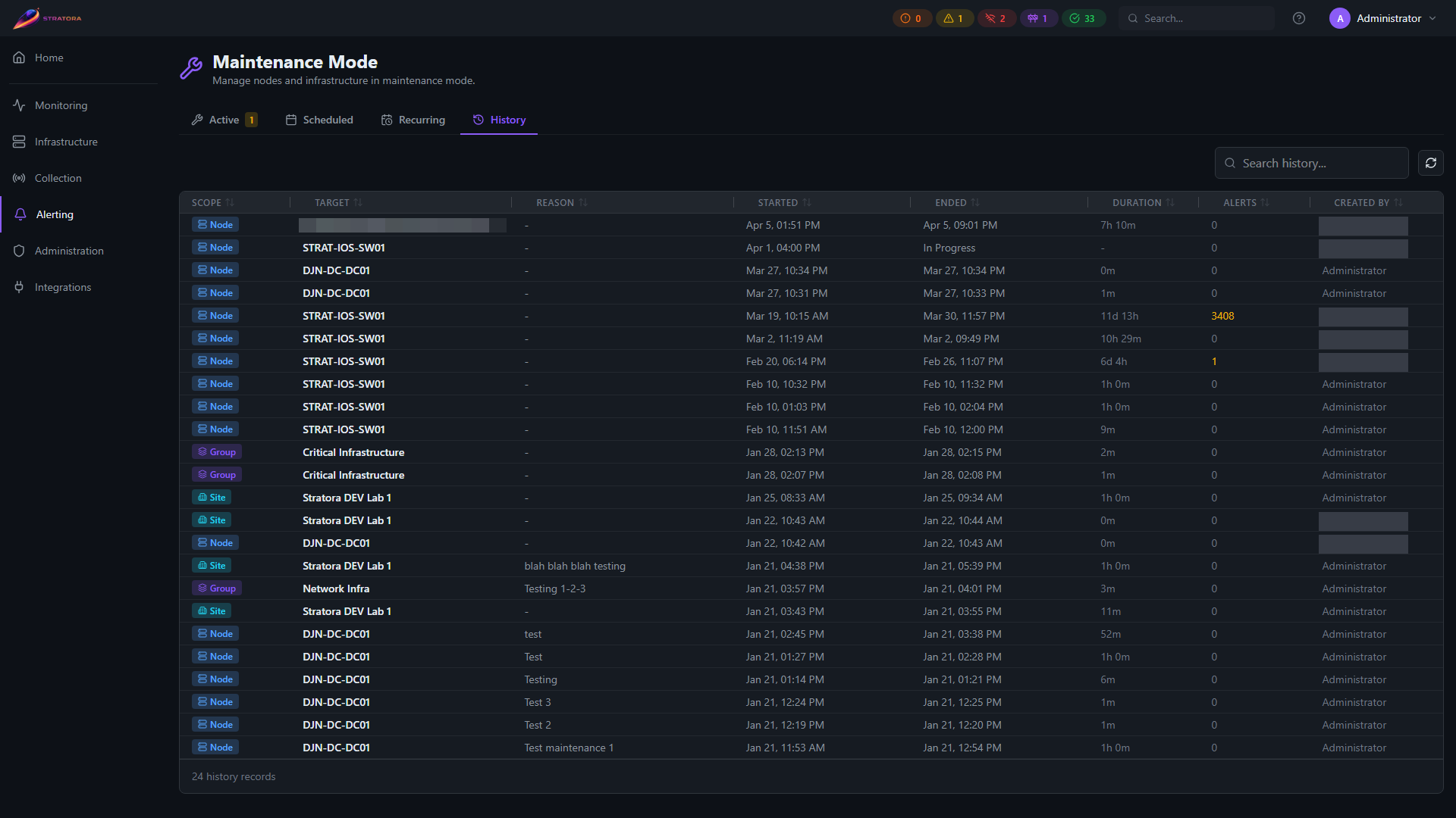 Maintenance — History tab with past maintenance windows and start/end timestamps