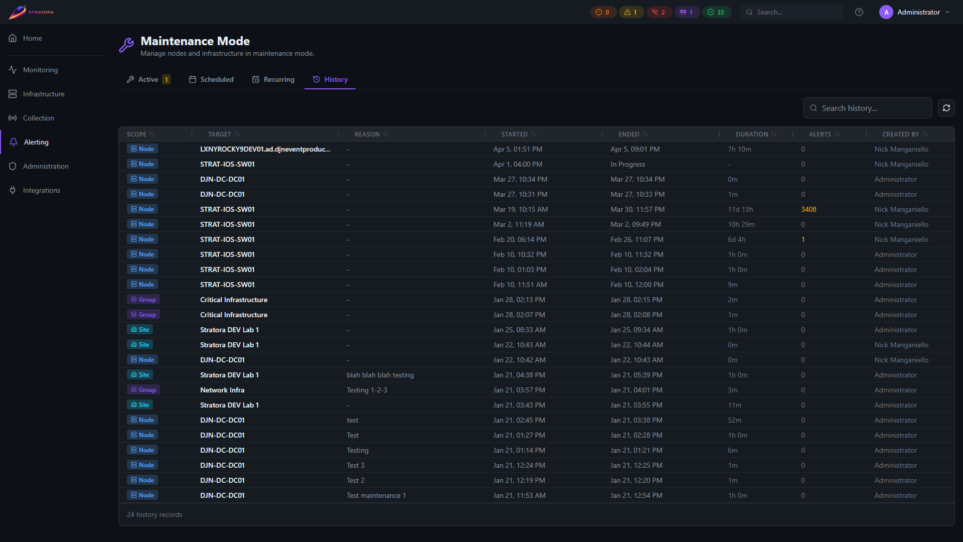 Maintenance — History tab with past maintenance windows and start/end timestamps