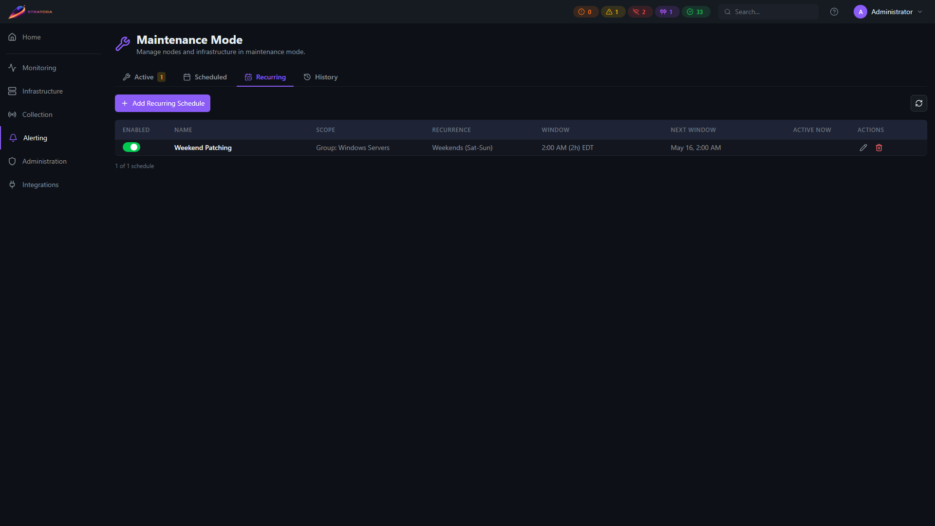 Maintenance — Recurring tab with repeating schedules (weekly / daily / cron pattern)