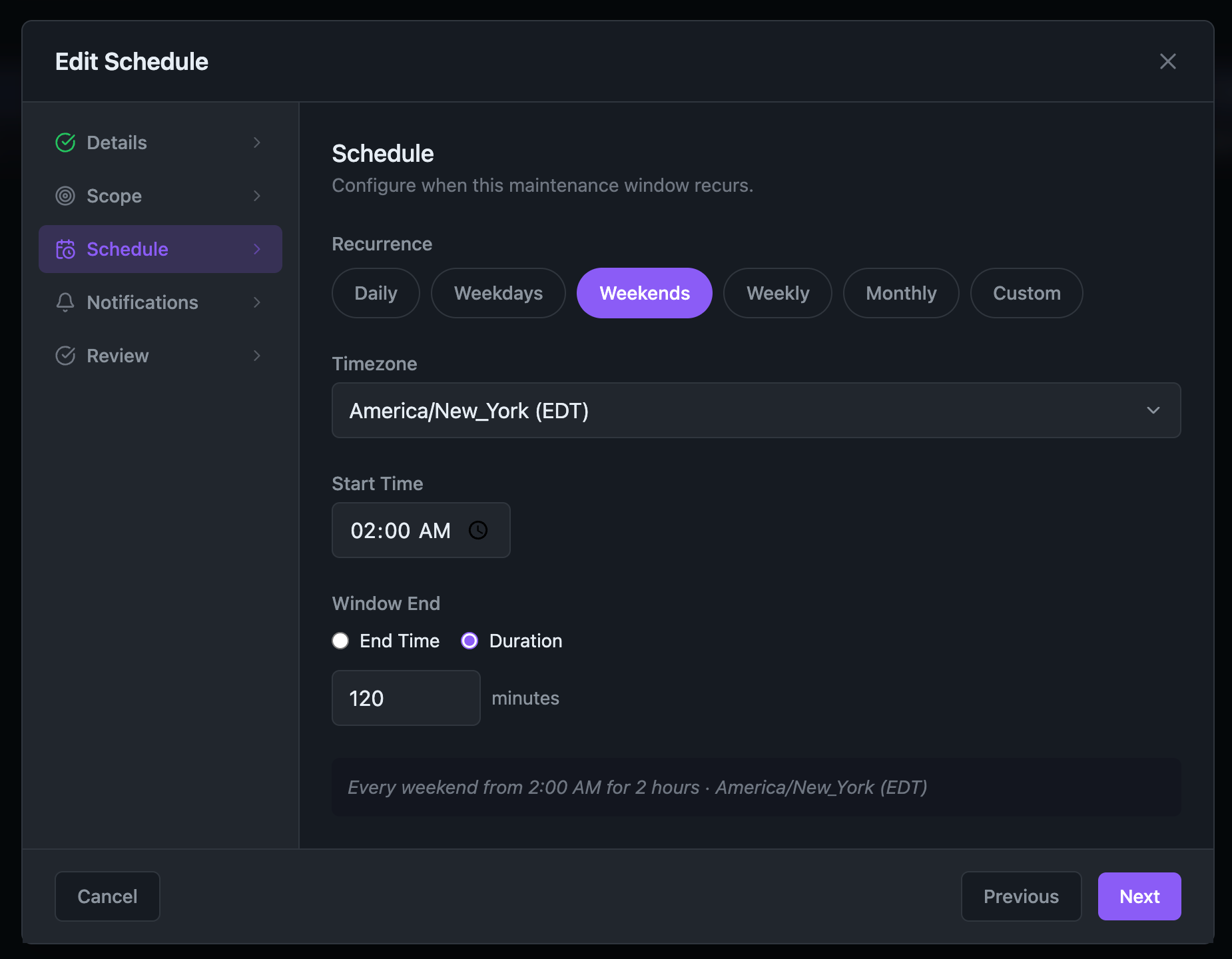 Recurring maintenance schedule wizard, step 3 (Schedule)