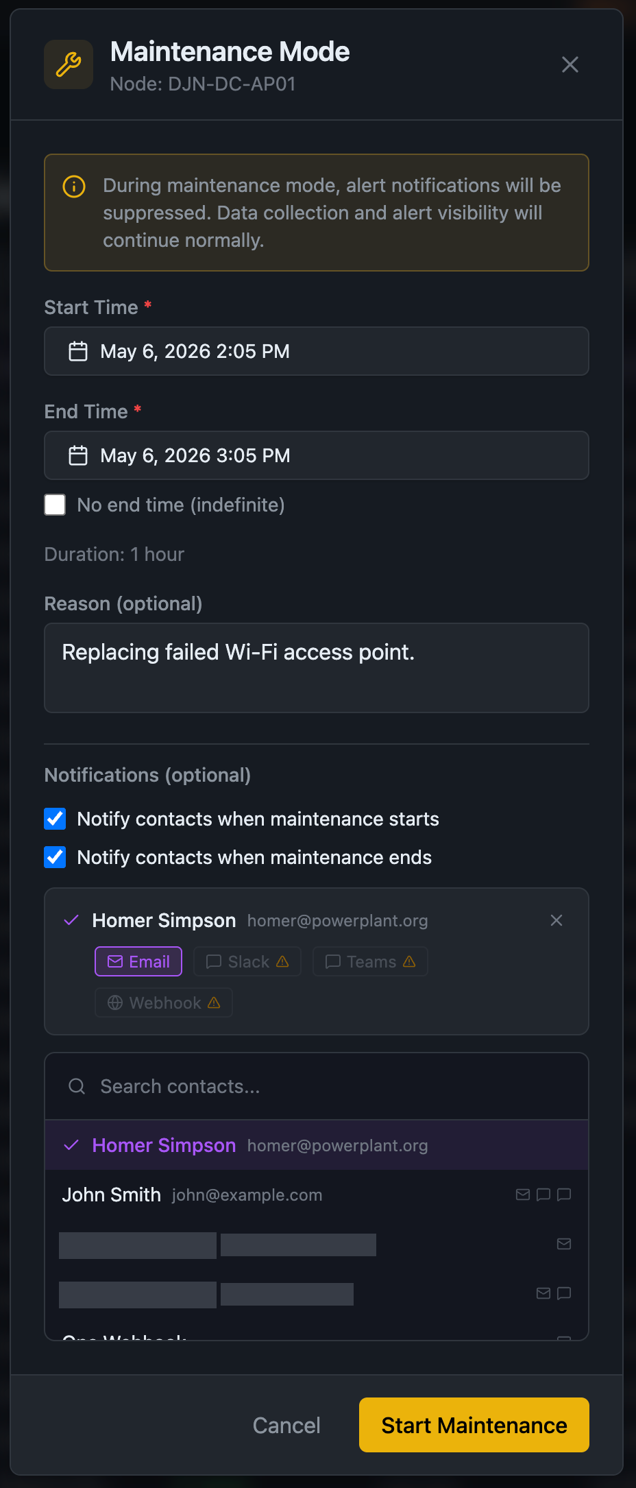Scheduled maintenance window creation modal