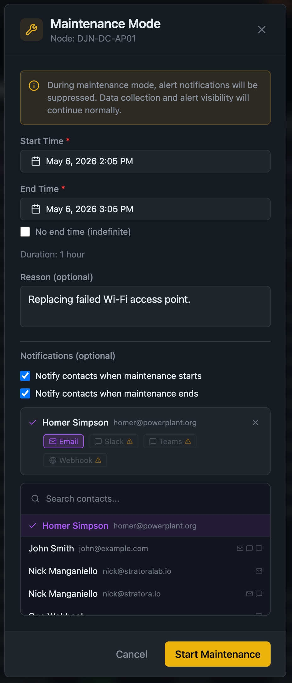 Scheduled maintenance window creation modal