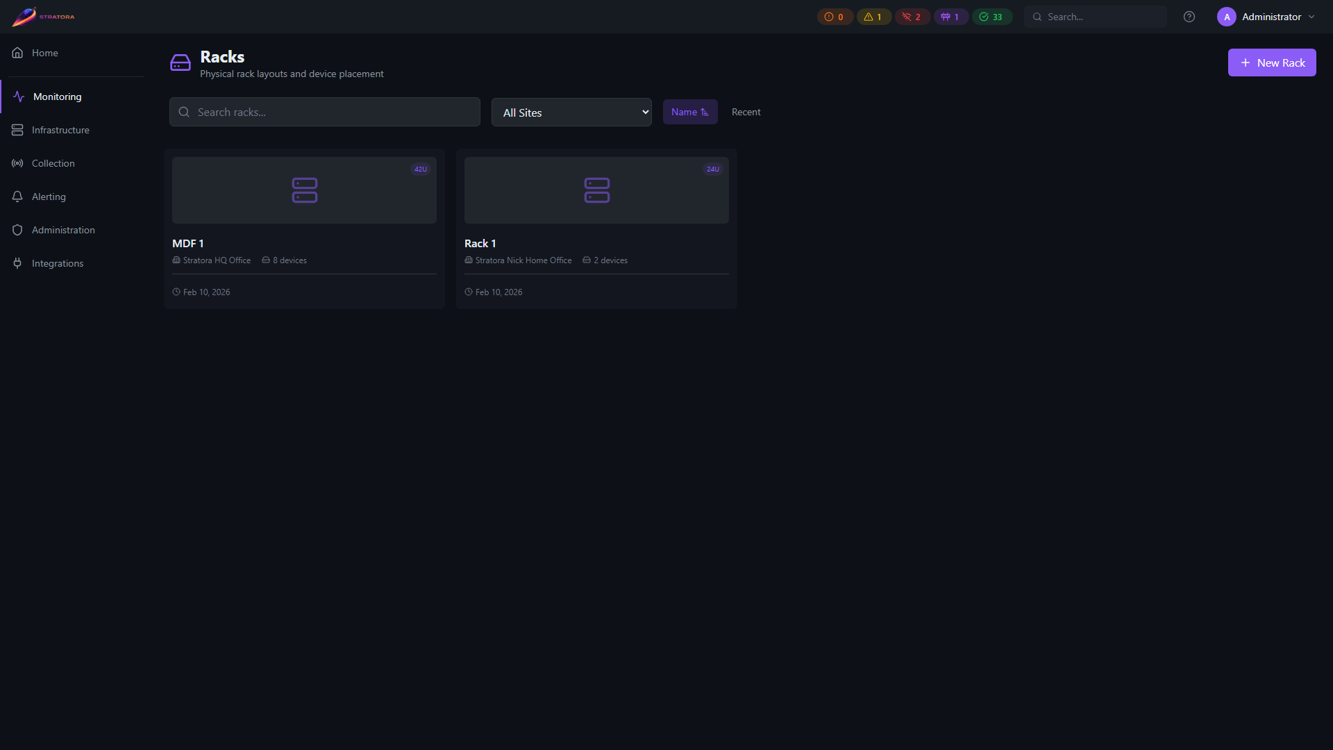 Rack diagrams page — multi-site list of racks with per-rack U height, device count, and site assignment