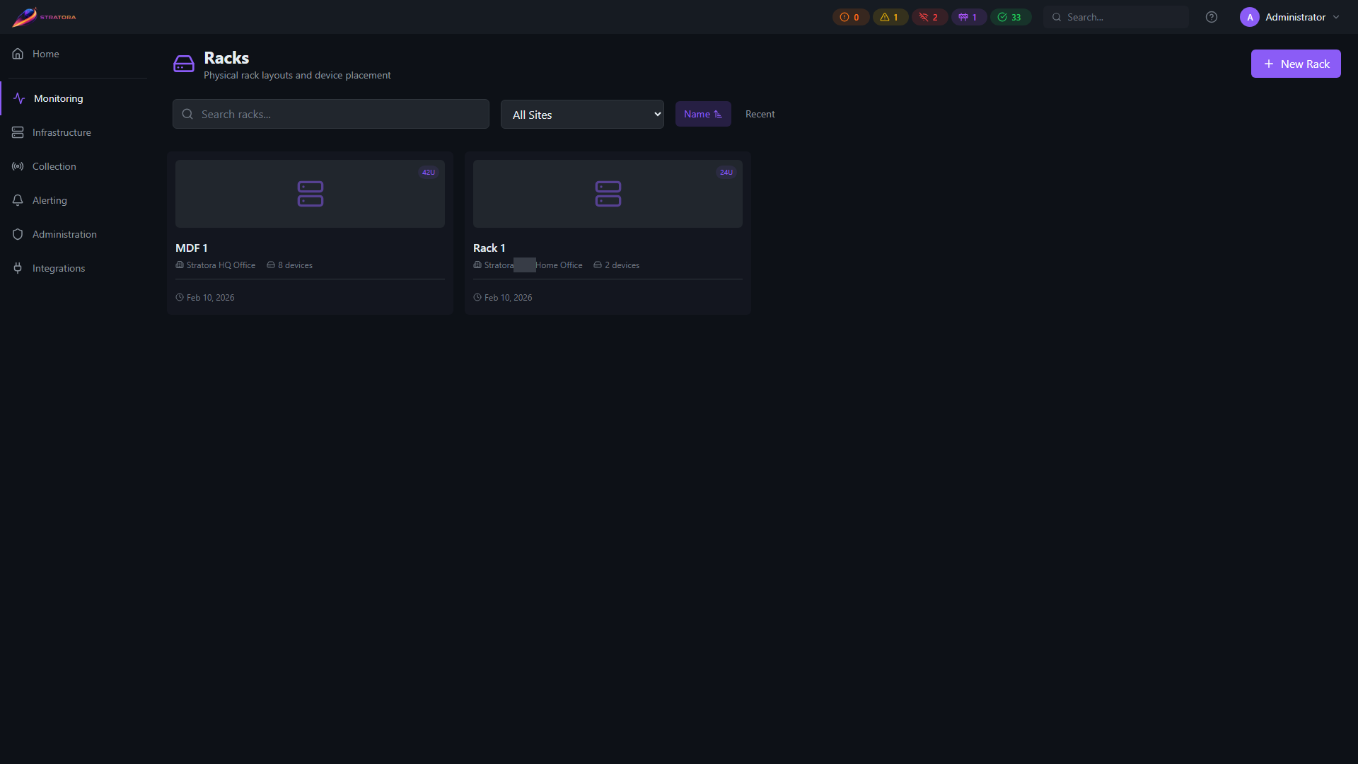 Rack diagrams page — multi-site list of racks with per-rack U height, device count, and site assignment
