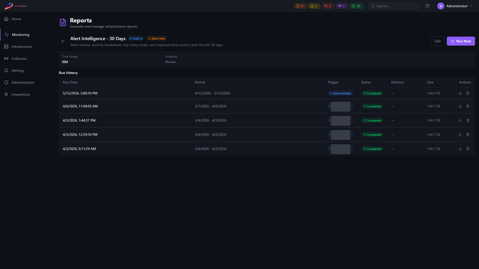 Run history with per-row Download PDF action for each completed run