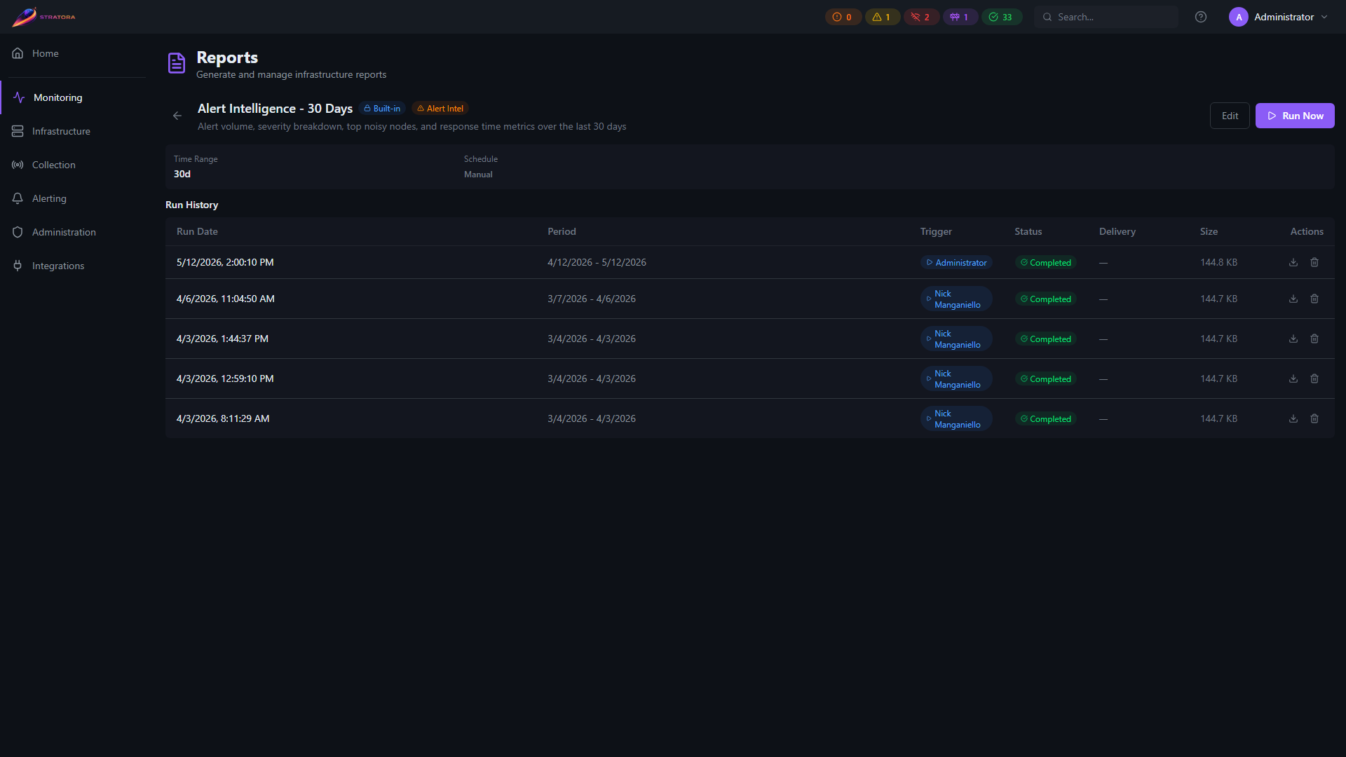 Run history with per-row Download PDF action for each completed run