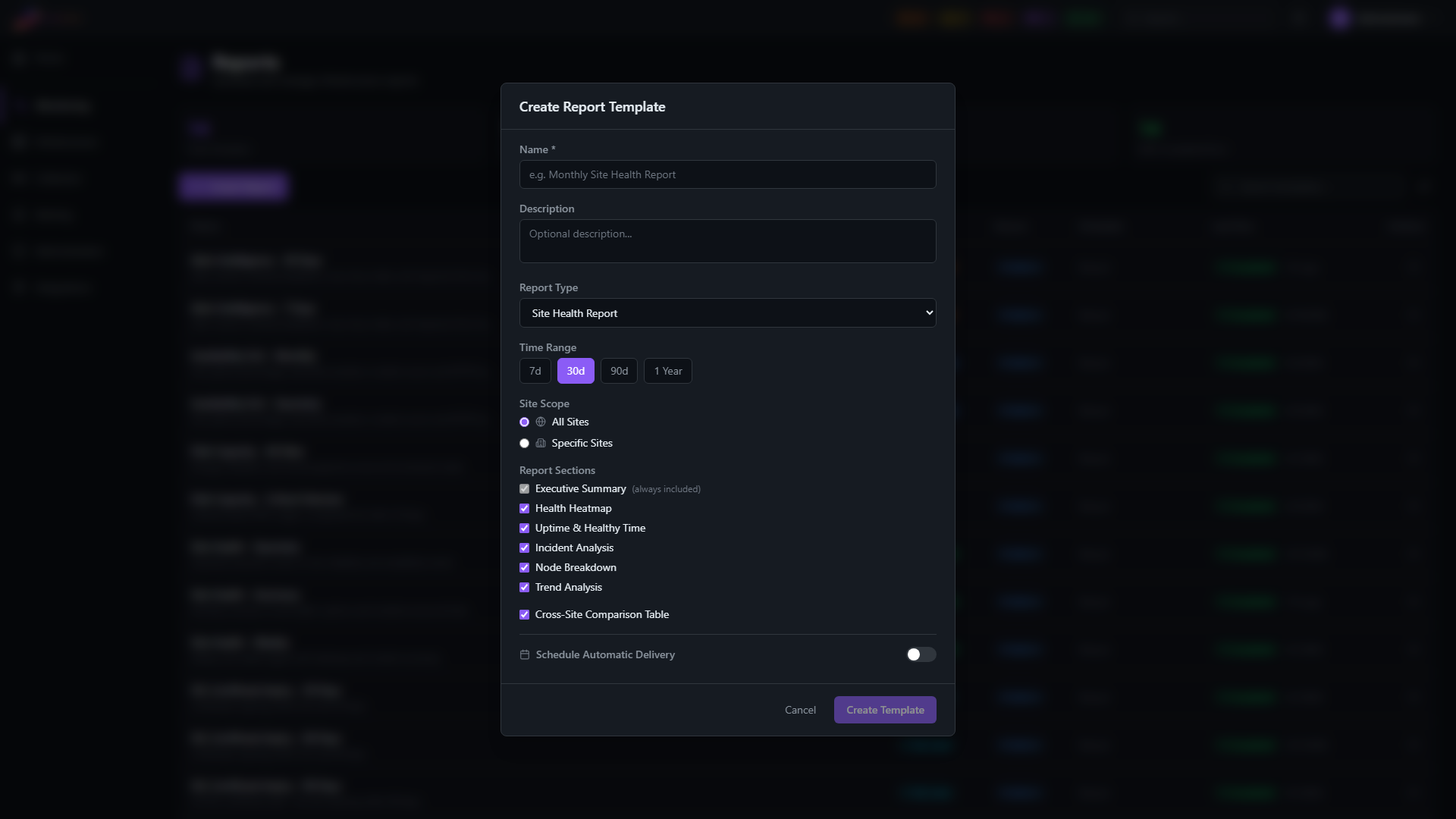 Create Report Template form — name, description, report type, time range, sections, schedule, and site scope