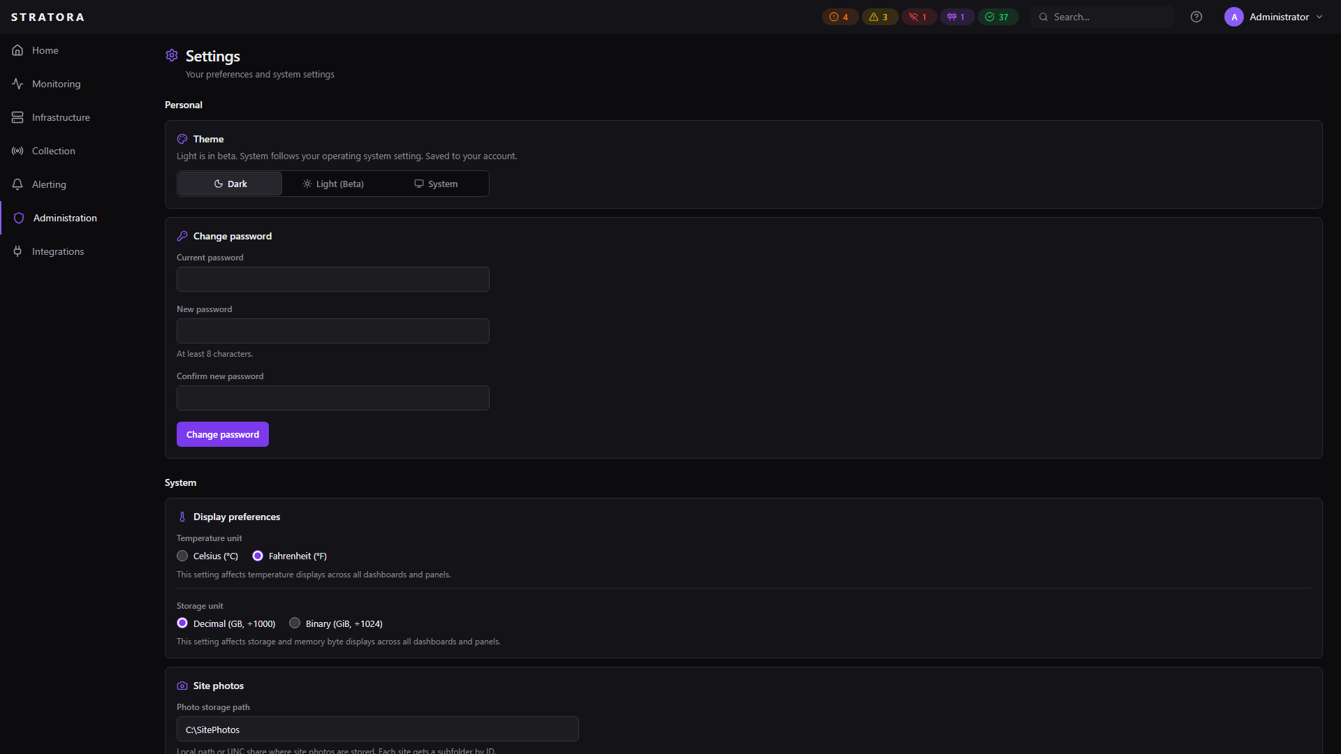 Settings — display preferences (Temperature Unit) and Site Photos storage configuration