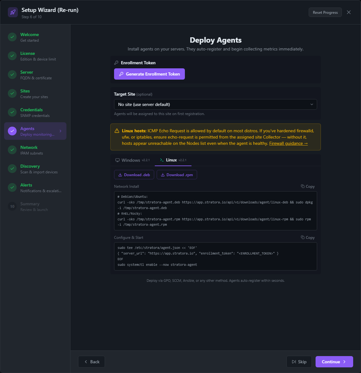 Setup Wizard — Step 6: Agents (Linux)