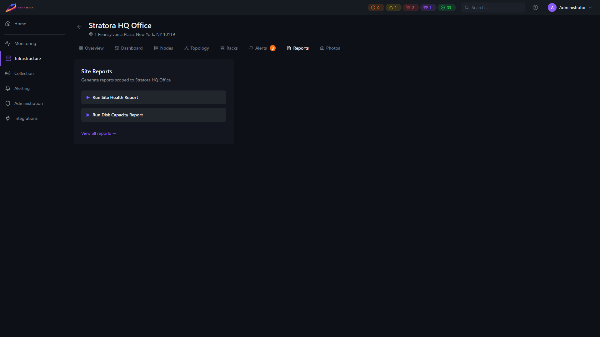 Site detail — Reports tab with shortcuts to run site-scoped Site Health and Disk Capacity reports