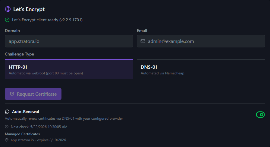 Let's Encrypt section — client-ready status, domain and email fields, HTTP-01 / DNS-01 challenge selector, Request Certificate button, and the Auto-Renewal toggle showing the next scheduled check and managed certificates list