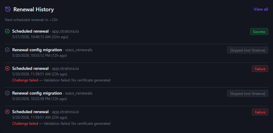 Renewal History card — five most-recent renewal attempts inline, each showing event type, target, timestamp with relative time, and outcome badge (success, failure, or skipped); failure entries show the error category and message