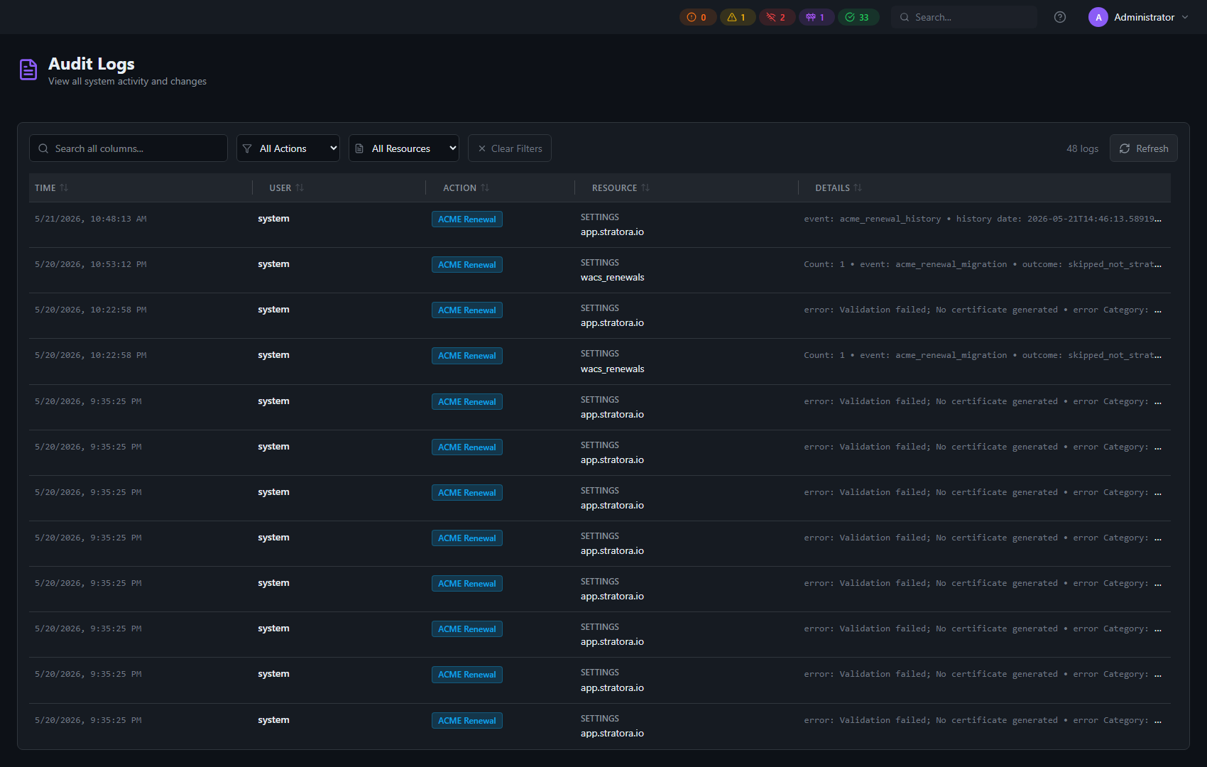 Audit log filtered to ACME Renewal events — full renewal history table showing time, user, action, resource, and details columns; renewal-history entries include the underlying win-acme history date and outcome; migration entries show the configuration migration result