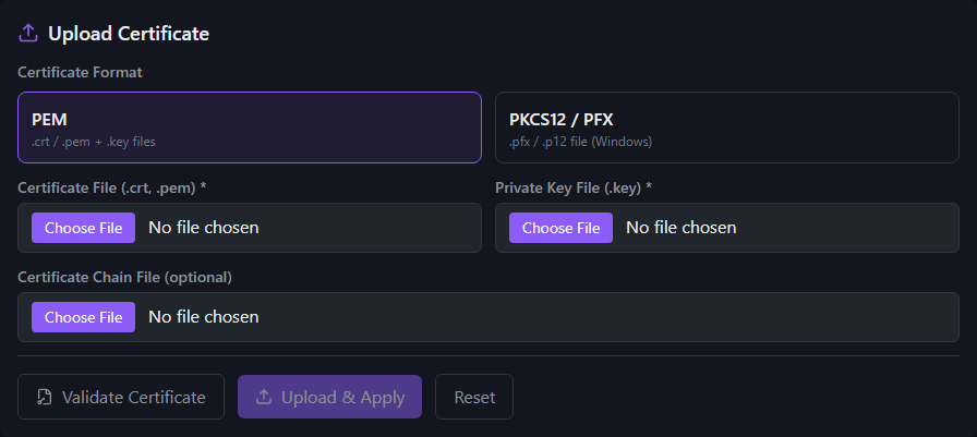 Upload Certificate form — PEM / PKCS12 format selector, Choose File inputs for certificate, private key, and optional chain file, with Validate Certificate and Upload &amp; Apply action buttons