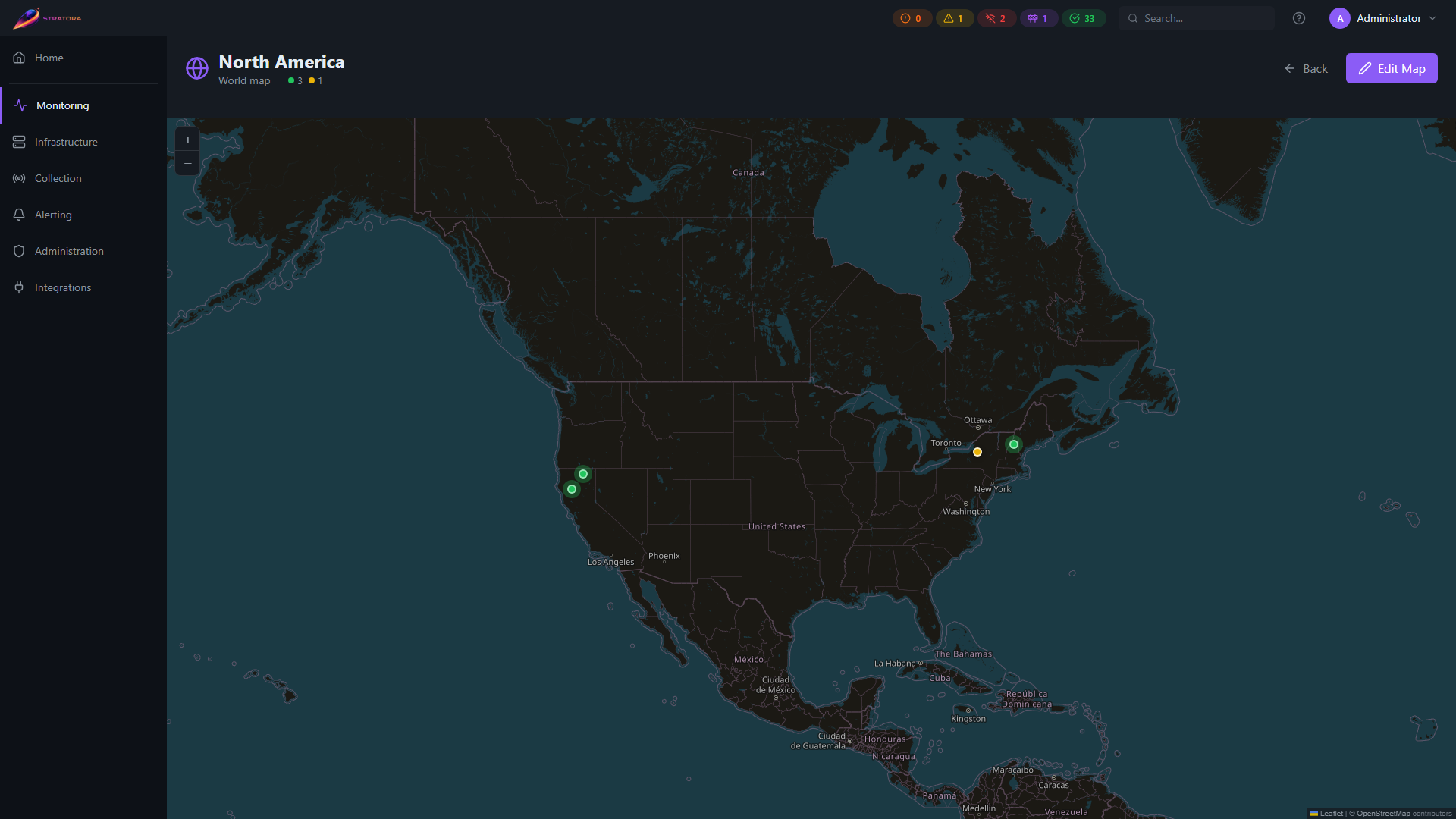 World map — geographic site pins on dark-themed OpenStreetMap tiles, with color-coded health status